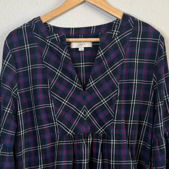 Loft Black Tartan Plaid Split Neck Long Balloon Sleeve Tunic Top Size Large - Picture 3 of 12